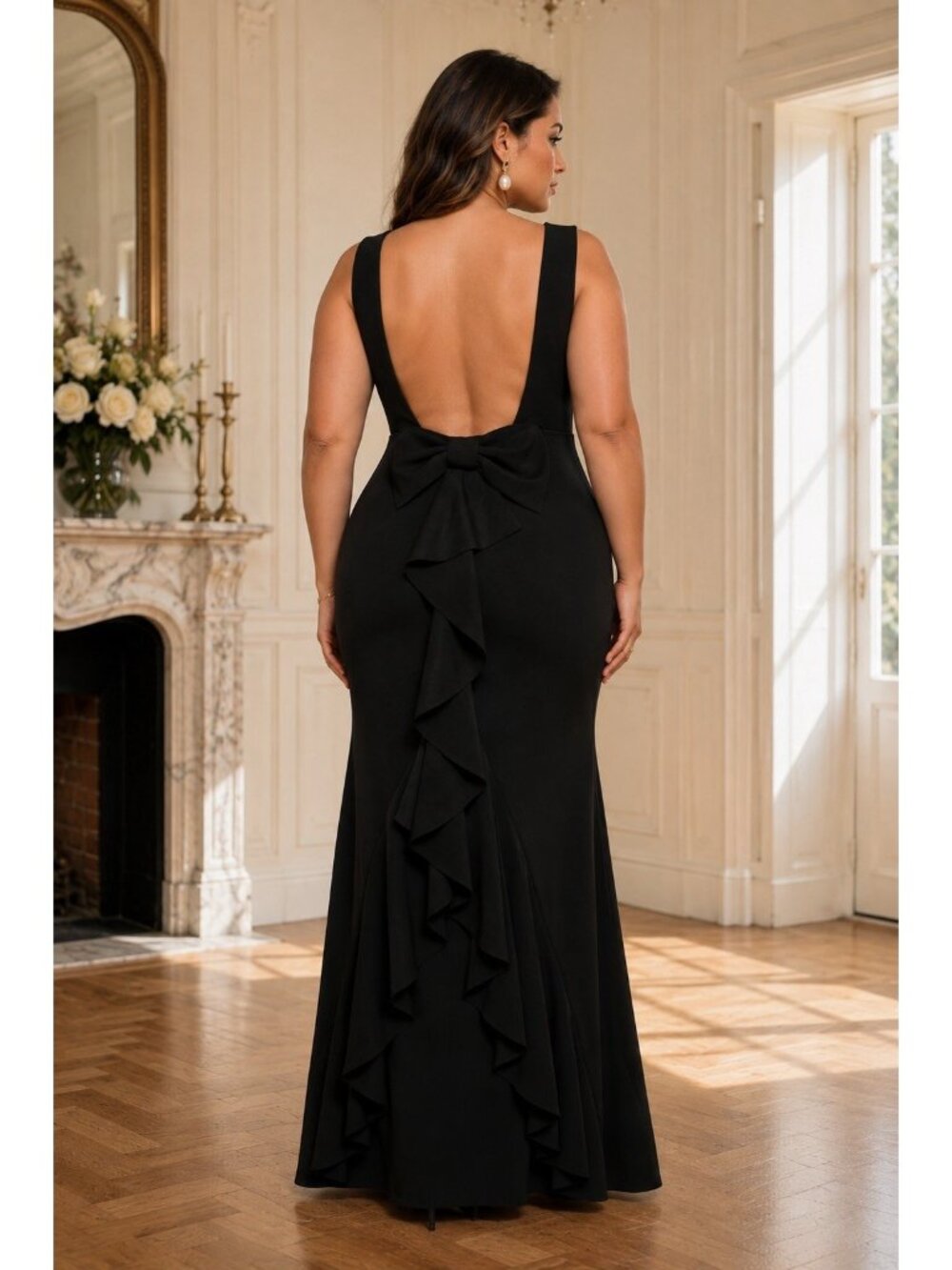 Lulus Exquiste Refinement Maxi Dress Sz Large Black Low Back Bow Mermaid Gown - Picture 8 of 9